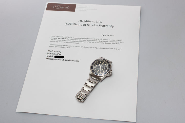 1978 Vintage Rolex Submariner 1680 with Creamy Tritium Lume and Service Papers