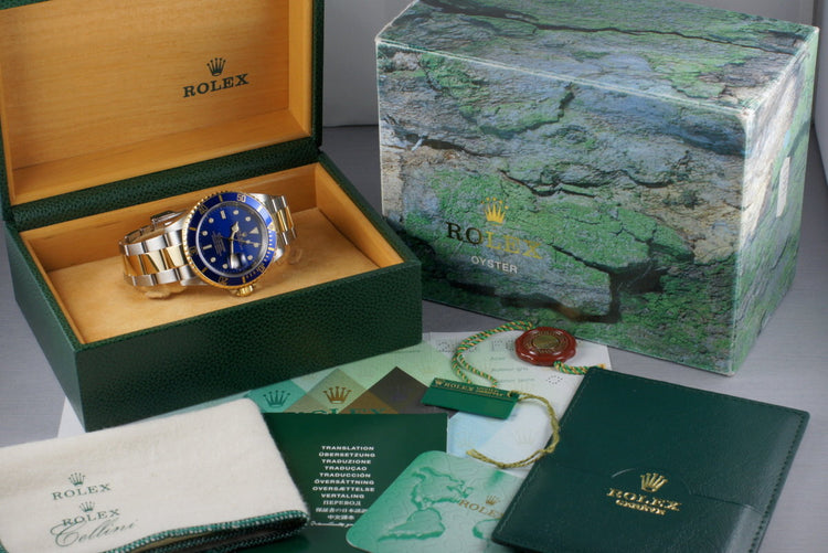 2003 Rolex Two Tone Blue Submariner 16613 with Box and Papers