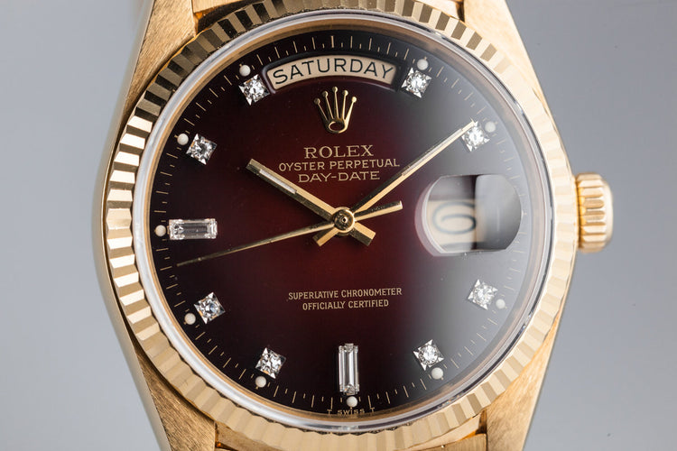 1986 Rolex YG Day Date 18038 Factory Diamond Red Vignette Dial with Box and Papers