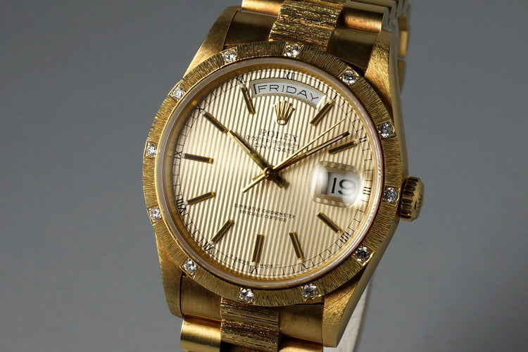 1988 Rolex YG Bark Day-Date 18308 Tapestry Dial with Factory Diamond Bark Bezel
