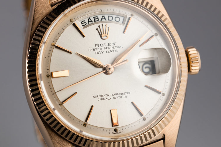 1960 Rolex 18K Rose Gold Day-Date 1803 with Spanish Day Wheel and Oyster Bracelet