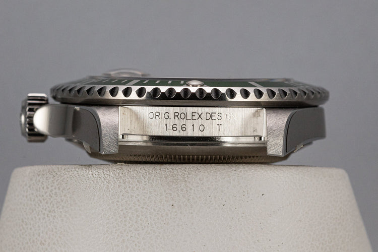 Mint 2003 Rolex Anniversary Green Submariner 16610LV with Box and Papers,Flat 4 Bezel, and Protective Stickers