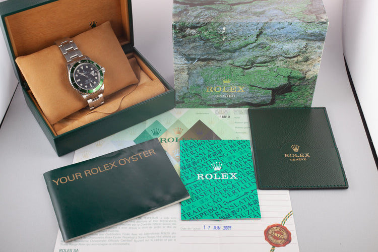 Mint 2004 Rolex Anniversary Submariner Green 16610 with Box and Papers