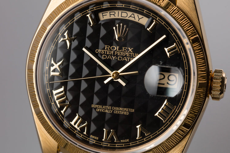 1986 Rolex 18K YG Bark Day-Date 18078 Black Pyramid Dial with Service Papers