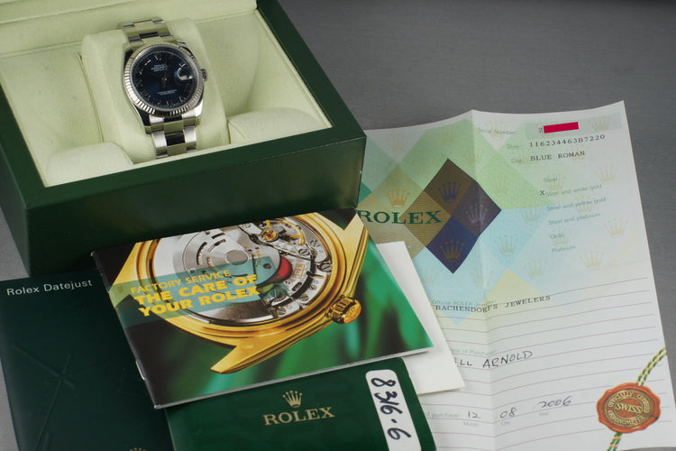 2006 Rolex DateJust 116234 with Blue Roman Numeral Dial Box & Papers