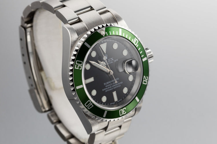 2003 Rolex Green Submariner 16610LV with Flat 4 Bezel and Box and Papers
