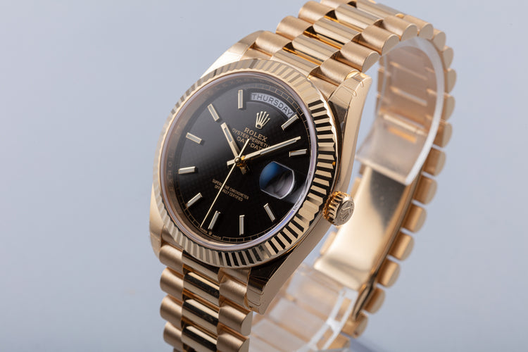 2021 18K Day Date 228238 Bright Black Diagonal Motif Dial Box & Card