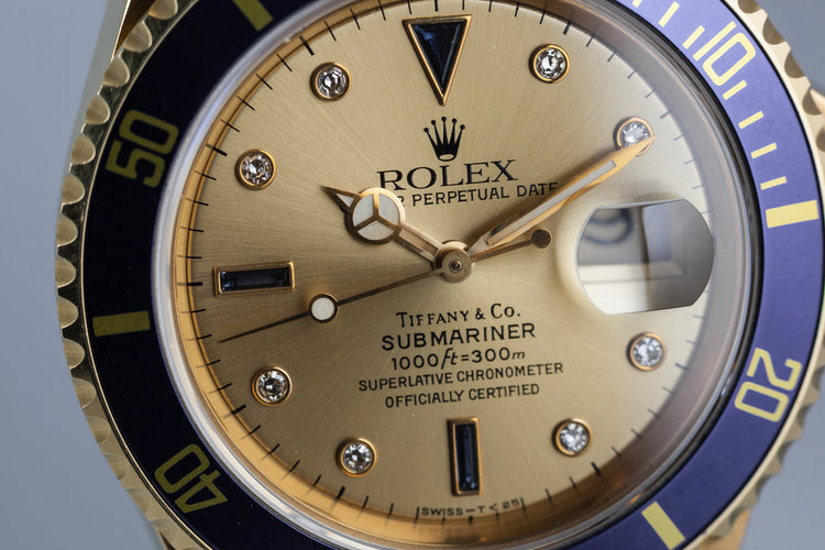 1990 Rolex YG Submariner 16618 Gold Tiffany & Co. Dial with Sapphire and Diamonds