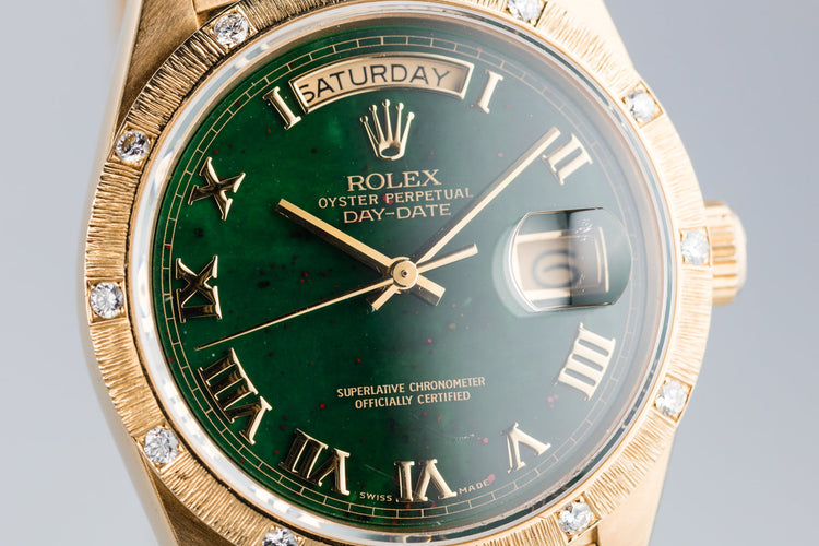 1985 Rolex 18K Day-Date 18108 with Blood Stone Dial and Bark Finish Diamond Bezel Insert