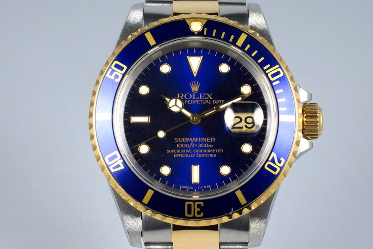 1995 Rolex Two Tone Blue Submariner 16613 with Box and Paper