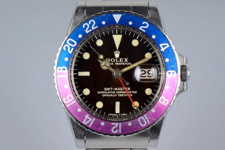 1965 Rolex GMT 1675 Brown Glossy Gilt Dial with Fuchsia Insert