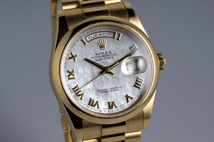 2002 Rolex YG Day-Date 118208 M-O-P Roman Dial with Box and Papers