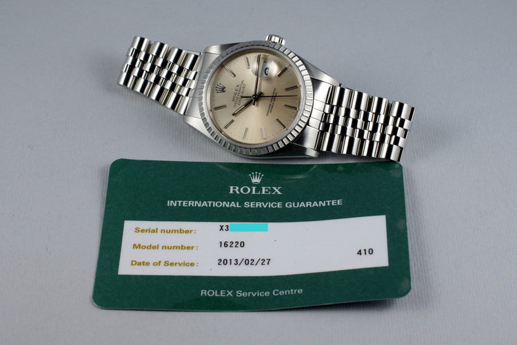 1991 Rolex DateJust 16220 Silver Dial with RSC Papers
