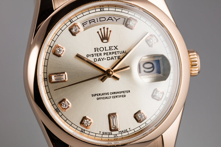 2000 Rolex 18K Rose Gold Day-Date 118205 Silver Diamond Dial with Box and Papers