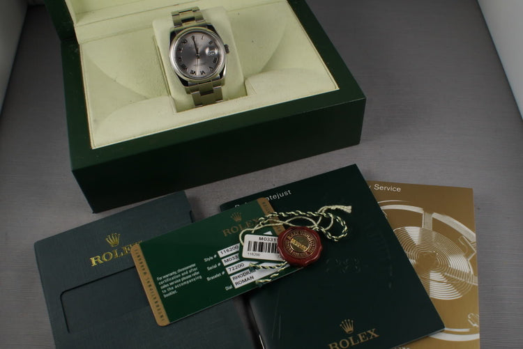 2007 Rolex Datejust 116200 with Silver Roman Dial and Box and Papers