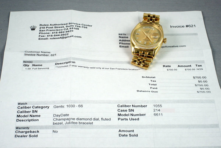 1956 Rolex 18K Day-Date 6611 Diamond Dial with RSC Papers