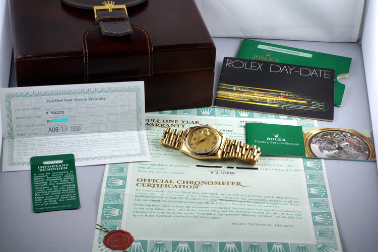 1984 Rolex YG Day-Date 18038 Factory Champagne Diamond Dial with Box and Papers