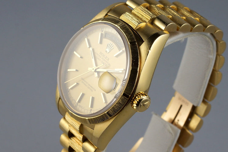 1985 Rolex YG Bark Day Date 18078 Champagne Dial with Box and Papers