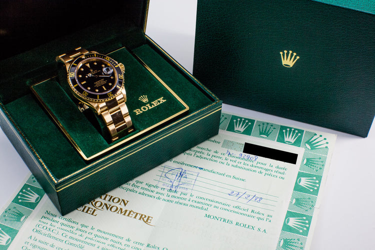 1988 Rolex YG Submariner 16808 Black YG Surround Dial with Box and Papers