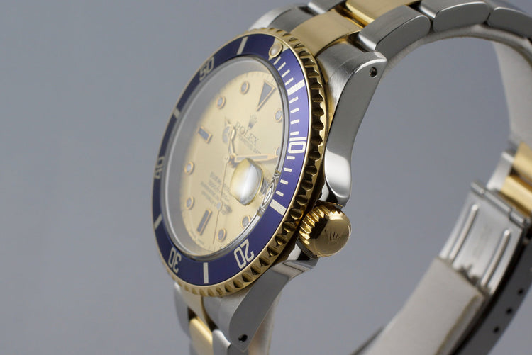 2000 Rolex Two Tone Submariner 16613 Champagne Serti Dial with Box and Papers