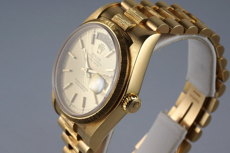 1979 Rolex YG Bark Day Date 18078 Champagne Dial with Box and Papers
