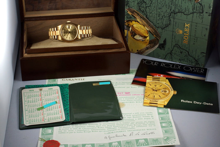 1979 Rolex YG Bark Day Date 18078 Champagne Dial with Box and Papers