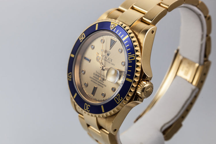 1990 Rolex YG Submariner 16618 Gold Tiffany & Co. Dial with Sapphire and Diamonds