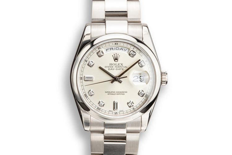 2001 Rolex 18K WG Day-Date 118209 Silver Diamond Dial with Box and Papers