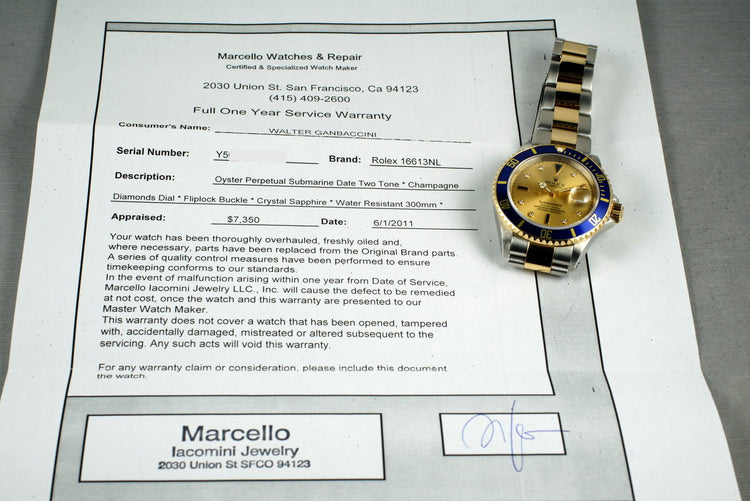 2002 Rolex 18K/SS Submariner 16613 Serti Dial with Service Papers