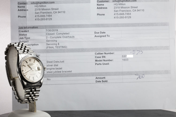 1978 Rolex DateJust 1603 Silver Dial with Service Papers
