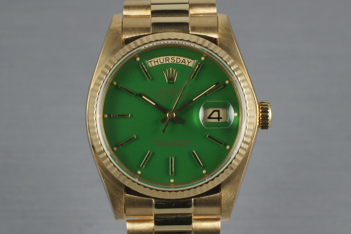 HQ Milton 1979 Rolex 18K Day Date 18038 with Green Stella Dial