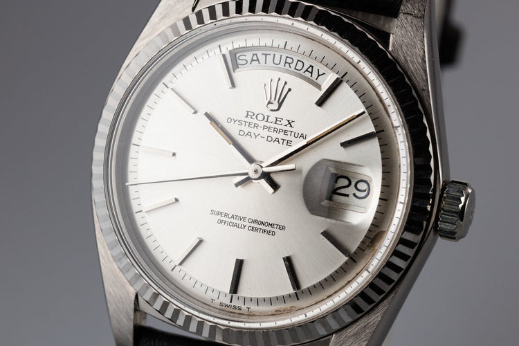1972 Rolex 18K White Gold Day-Date 1803 with No Lume Silver Dial