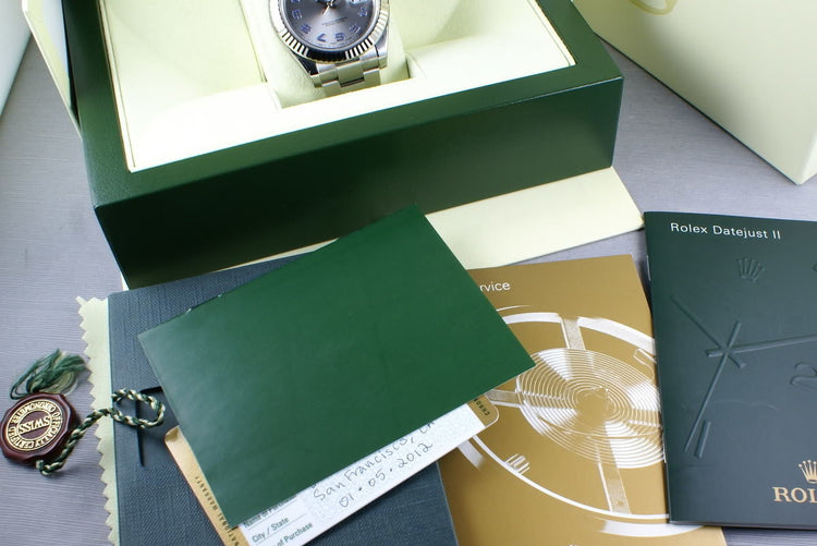 Rolex Datejust II 116334 with RHODIUM and BLUE ARABIC dial MINT