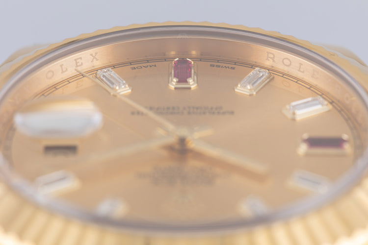 2014 Rolex 41mm Day-Date II 218238 18k Champagne 8 Diamonds 2 Ruby Baguettes Box & Card