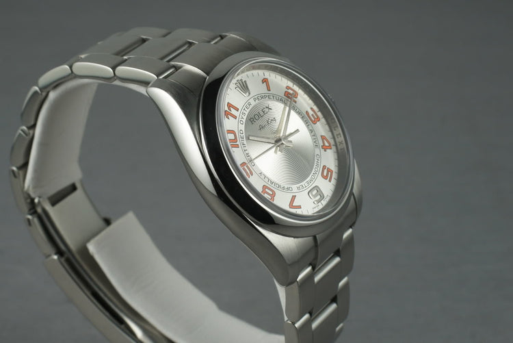 2006 Rolex Air-King M serial 114200 Silver Concentric and Orange Dial