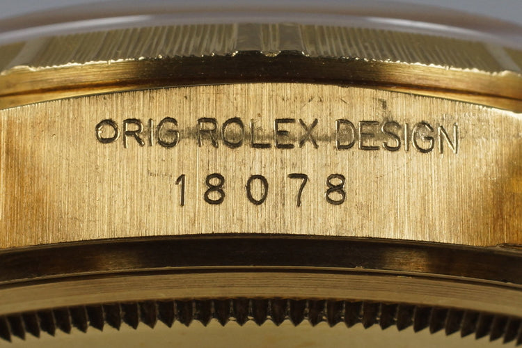 1985 Rolex YG Bark Day Date 18078 Champagne Dial with Box and Papers