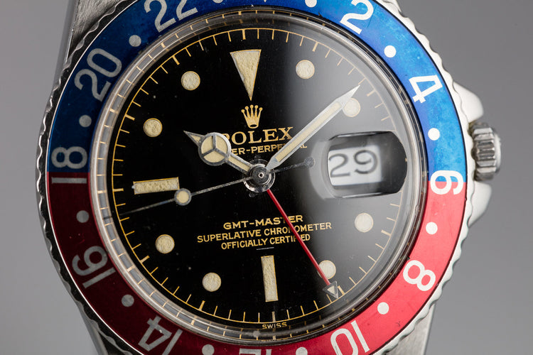 1963 Rolex GMT 1675 PCG Gilt Chapter Ring Underline Dial with Box, Papers, and Service Papers