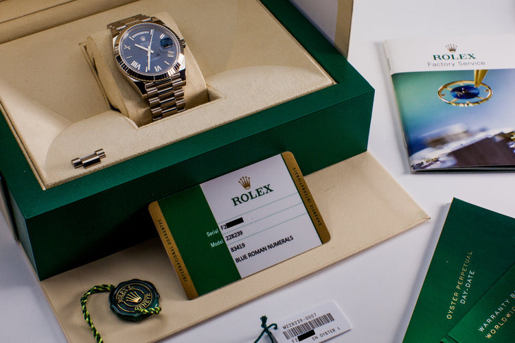 2017 Rolex WG Day-Date 228239 Blue Roman Dial with Box and Papers