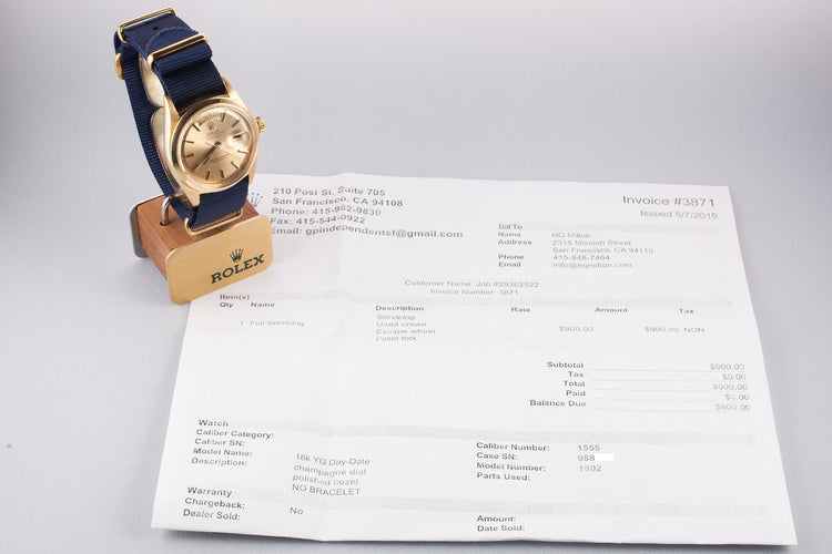 1963 Rolex 18K YG Day-Date 1802 SWISS Only Champagne Dial with 2019 Service Papers