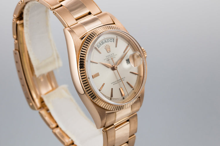 1960 Rolex 18K Rose Gold Day-Date 1803 with Spanish Day Wheel and Oyster Bracelet