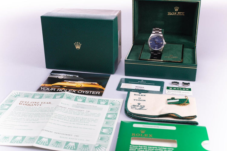 1987 Rolex Air-King 5500 Blue Stick Dial & Creamy Lume Plots with Box, Papers, Booklets, & Service Card