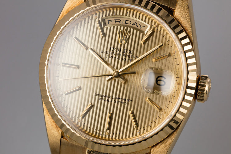 1990 Rolex 18K YG Day-Date 18238 Champagne Tapestry Dial with Papers