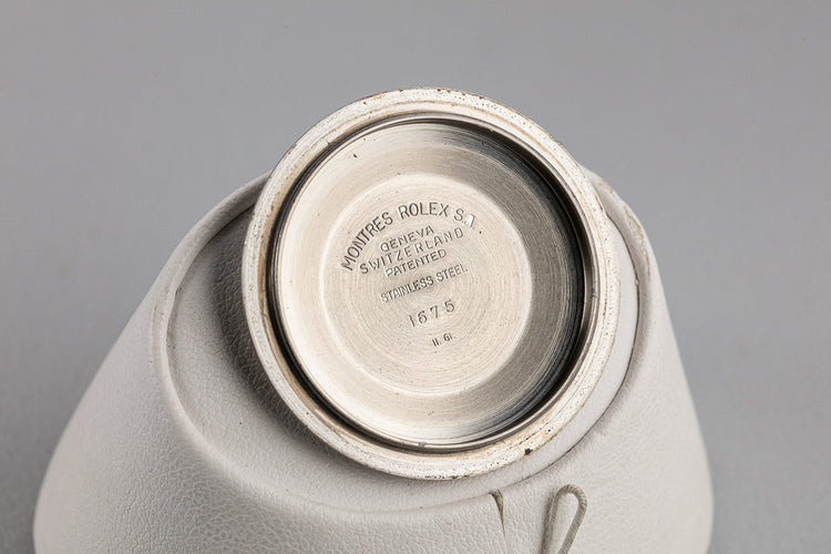 1961 Rolex Pointed Crown Guard GMT-Master 1675 Fuchsia with Gilt Chapter Ring Exclamation Dial