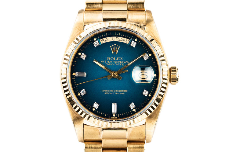 1985 Rolex 18K YG Day-Date 18038A with Factory Diamond Blue Vignette Dial