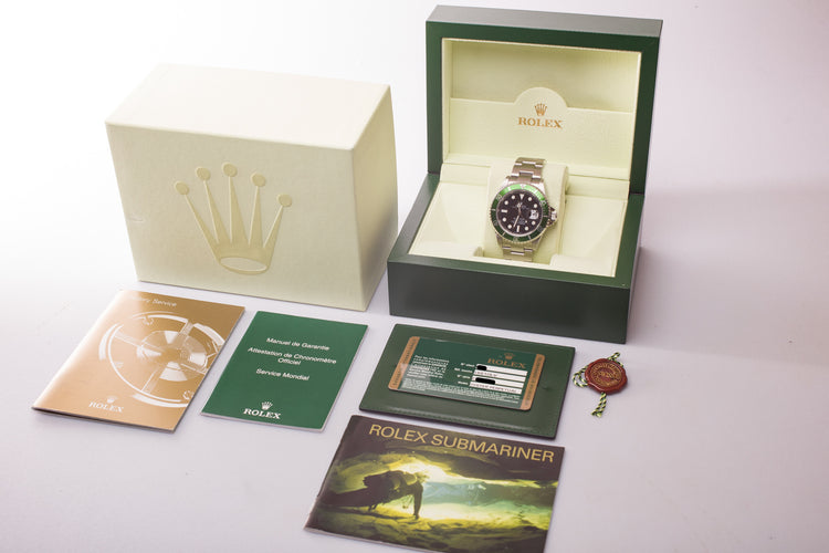 2006 Unpolished Rolex 16610LV Green Anniversary Submariner with Box, Hangtag, Card, & Booklets