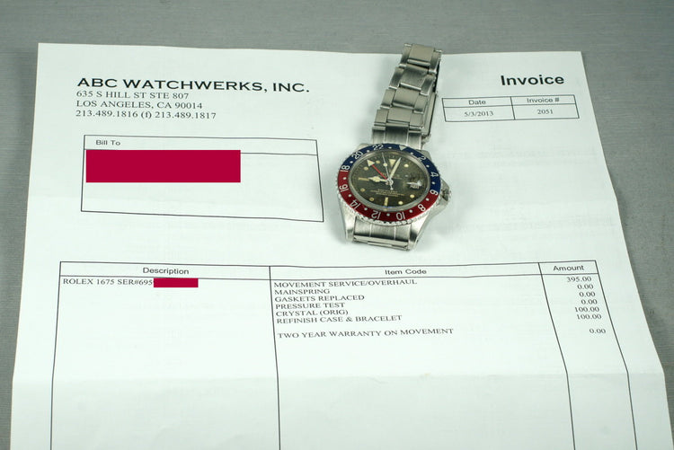 1961 Rolex GMT Ref: 1675 PCG with Gilt Chapter Ring Dial & Service Papers