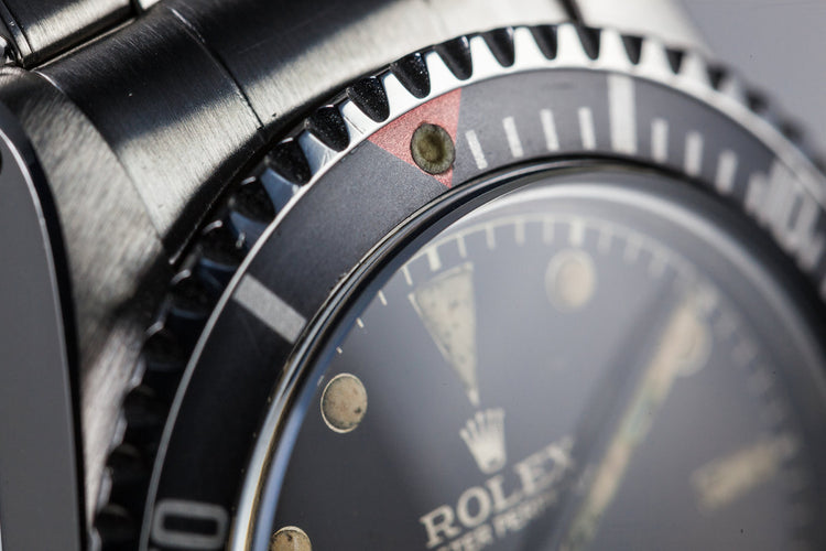 1959 Rolex Submariner 5512 with Tropical Gilt Chapter Ring Dial, Red Triangle Bezel, and Big Logo Stretch Bracelet