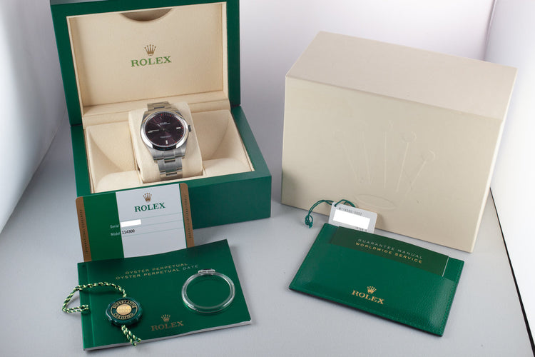 2018 Mint Rolex 39mm Oyster Perpetual 114300 Purple Dial with Box and Papers