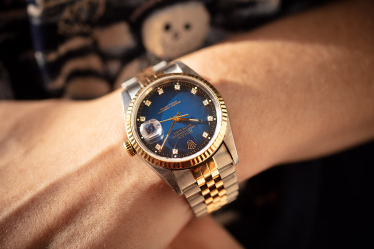 1990 Rolex 16233 Datejust Blue Diamond Vignette Dial Box, Tags & Papers