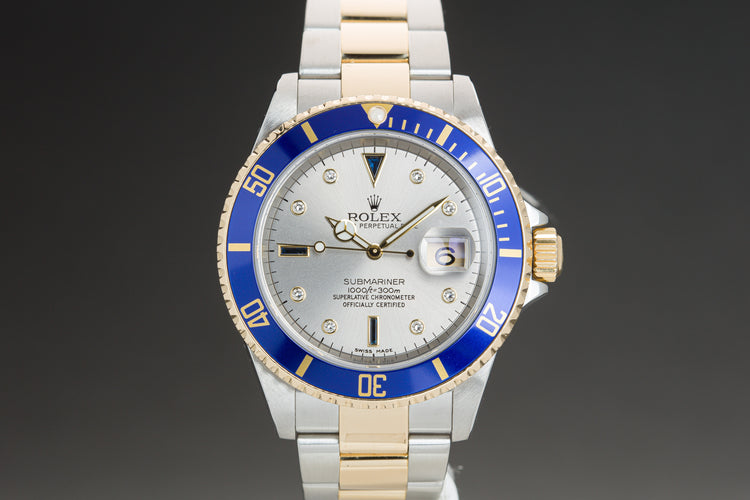 2006 Rolex 18k & St Submariner 16613T Gray Diamond & Sapphire Serti Dial